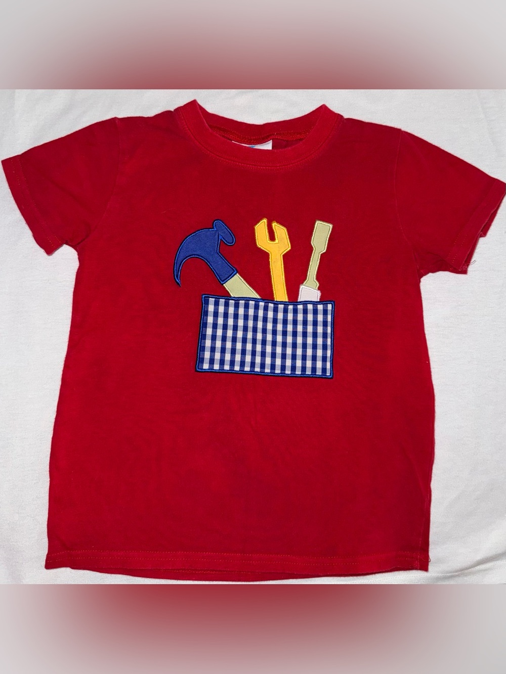 Bright Red Short Sleeve Kids Tee with Tool Applique